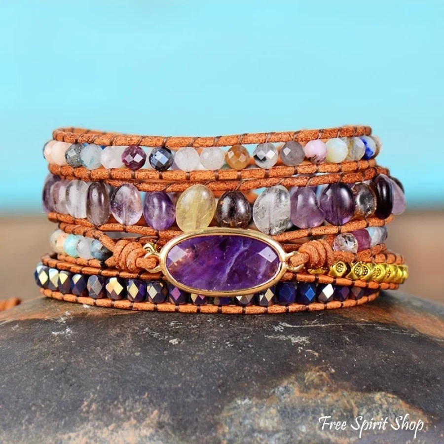Natural Fluorite & Amethyst Crystal Wrap Bracelet - Image 4