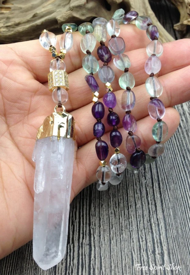 Natural Fluorite & Clear Quartz Gemstone Necklace - Image 3