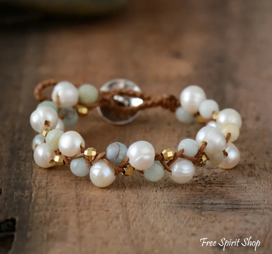 Natural Freshwater Pearl & Amazonite Wrap Bracelet - Image 2