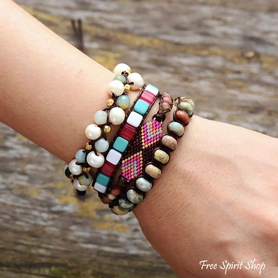 Natural Freshwater Pearl & Amazonite Wrap Bracelet - Image 3