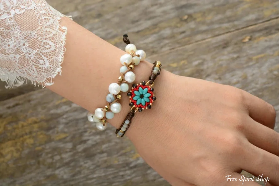 Natural Freshwater Pearl & Amazonite Wrap Bracelet - Image 4