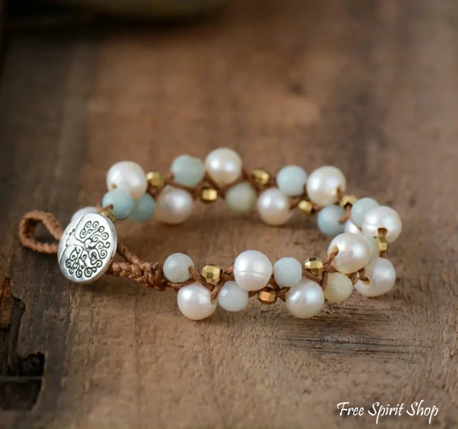 Natural Freshwater Pearl & Amazonite Wrap Bracelet - Image 5