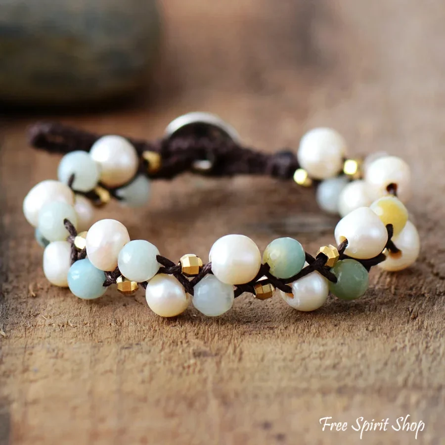 Natural Freshwater Pearl & Amazonite Wrap Bracelet - Image 6