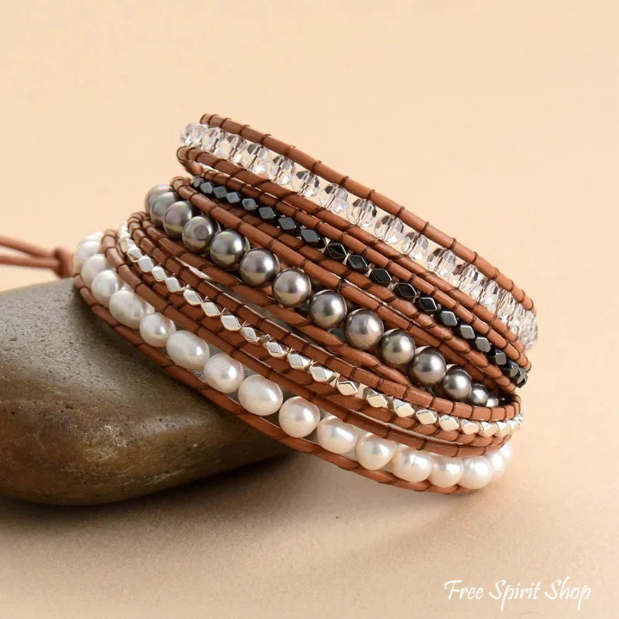 Natural Freshwater Pearl & Hematite Gemstone Leather Wrap Bracelet - Image 3