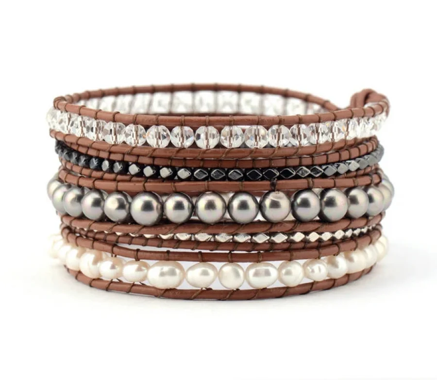 Natural Freshwater Pearl & Hematite Gemstone Leather Wrap Bracelet - Image 4