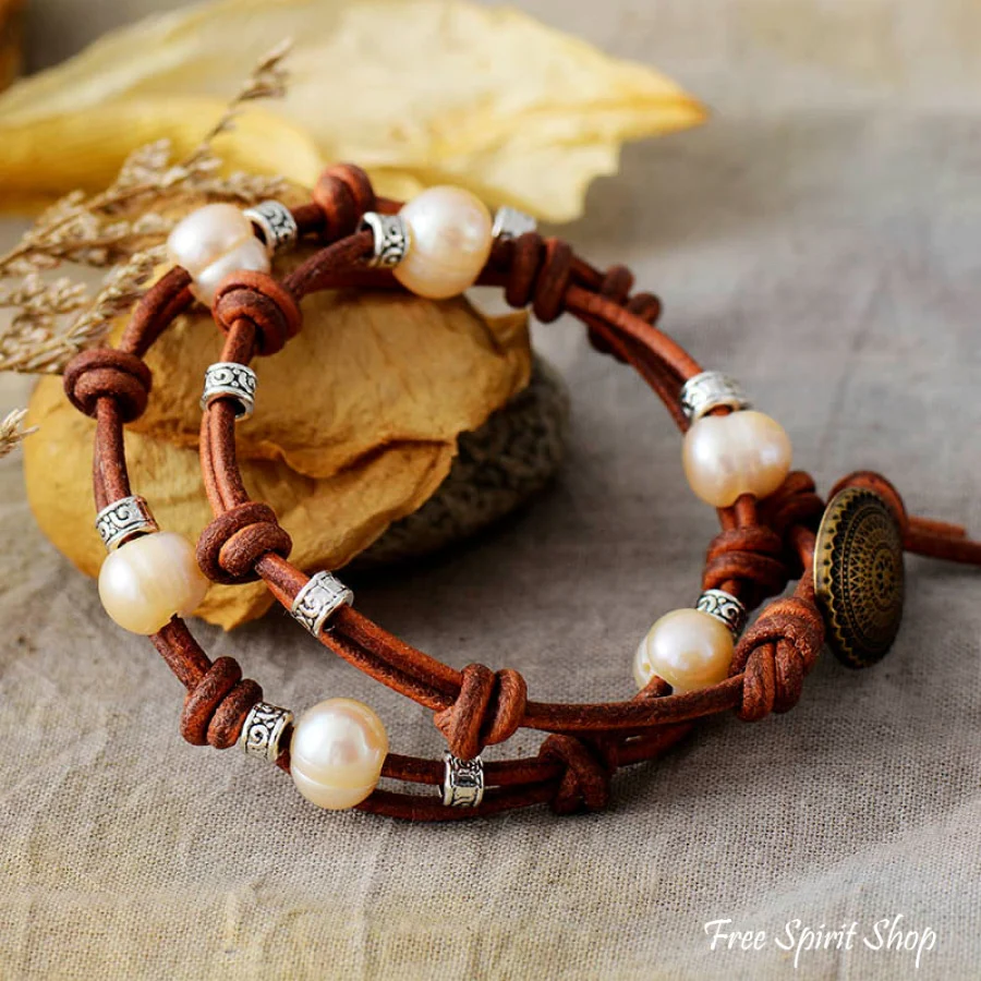 Natural Freshwater Pearl & Leather Choker / Bracelet - Image 3