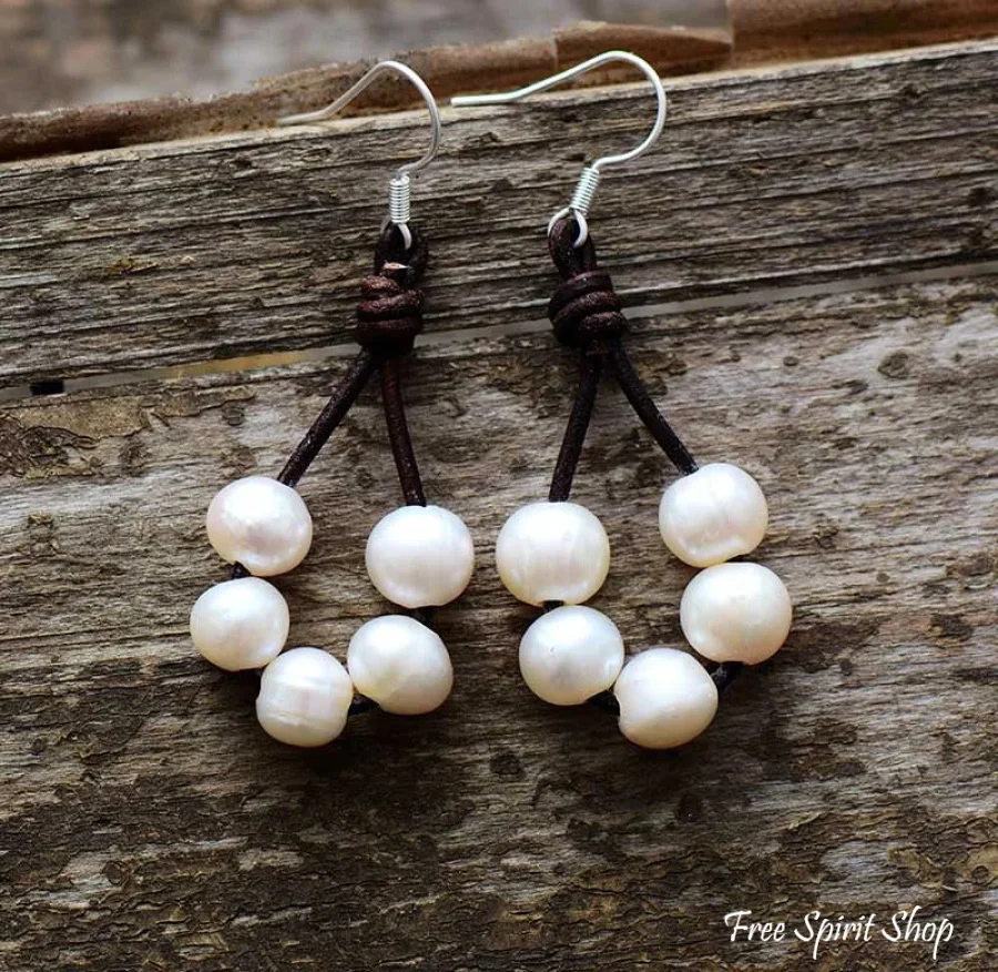 Natural Freshwater Pearl & Leather Earrings - Image 3