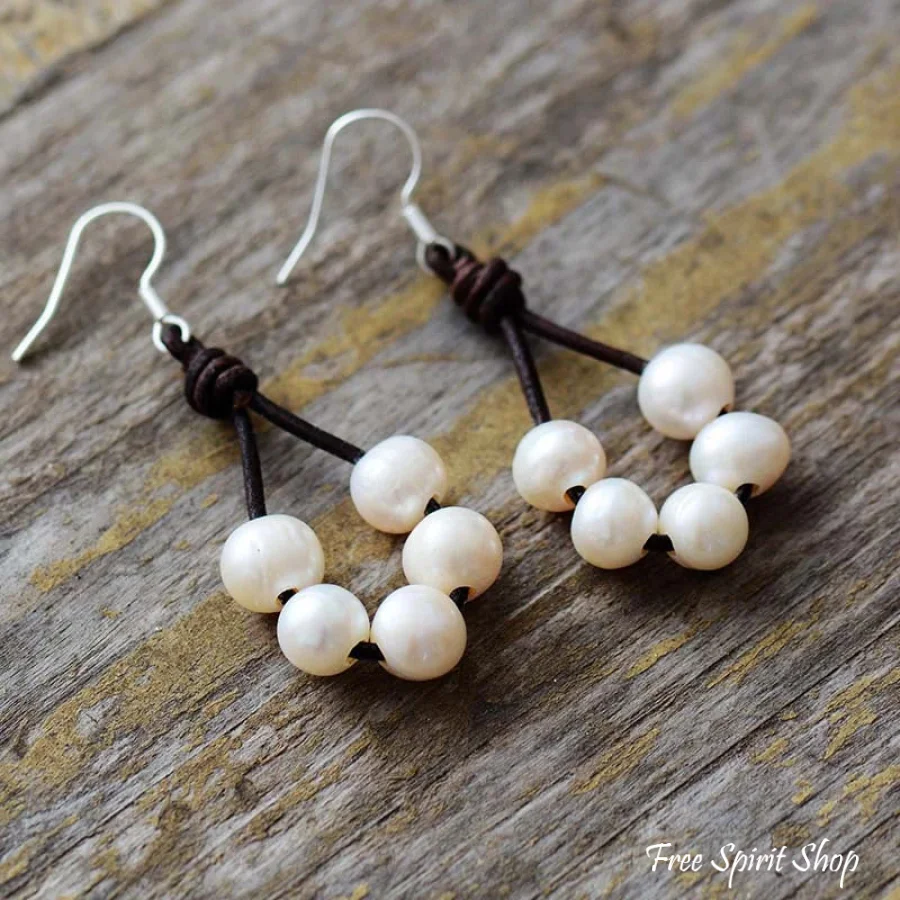 Natural Freshwater Pearl & Leather Earrings - Image 4