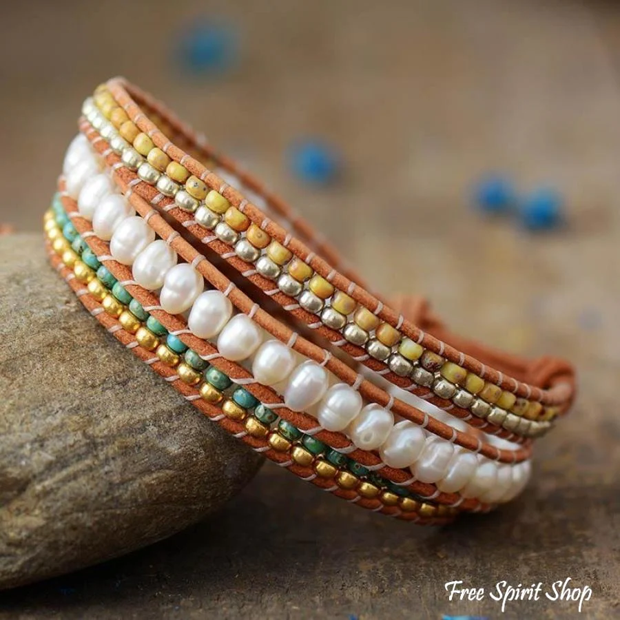 Natural Freshwater Pearl & Seed-beads Wrap Bracelet - Image 5