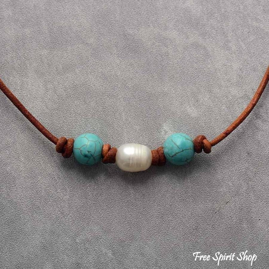 Natural Freshwater Pearl & Turquoise Leather Choker Necklace - Image 3