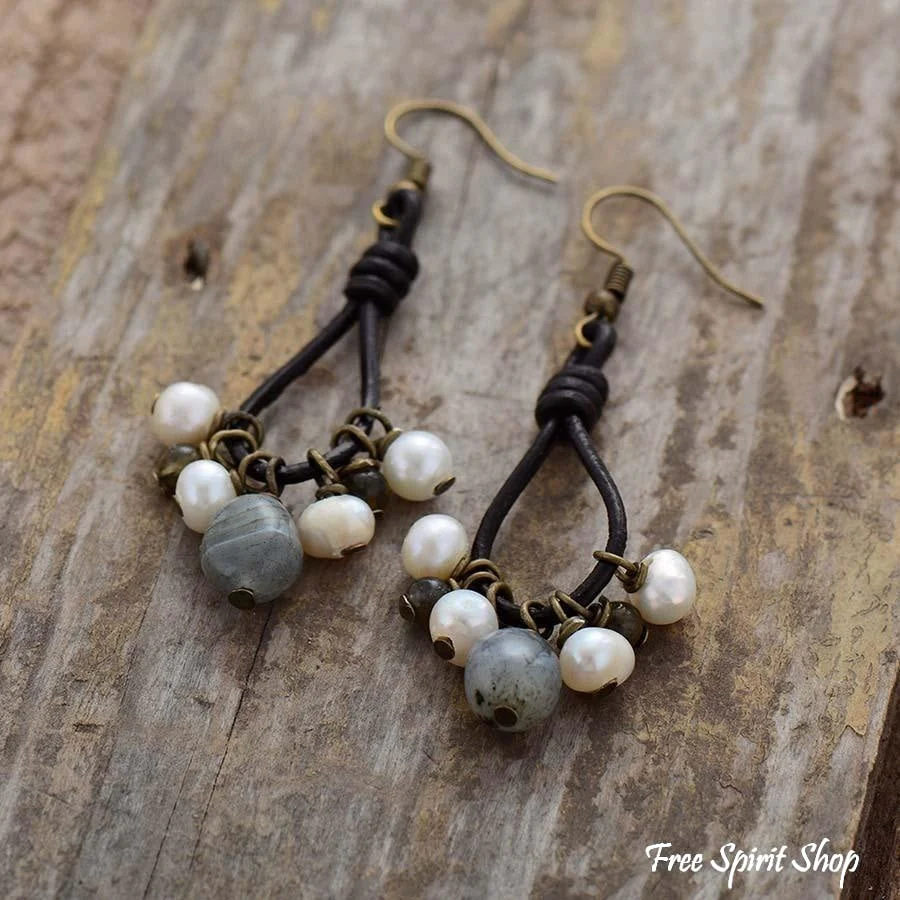 Natural Freshwater Pearls & Labradorite Leather Earrings - Image 3