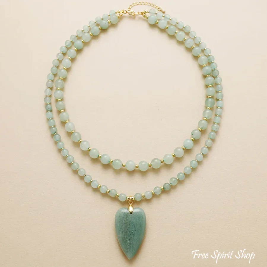 Natural Green Aventurine Heart Pendant Layered Necklace