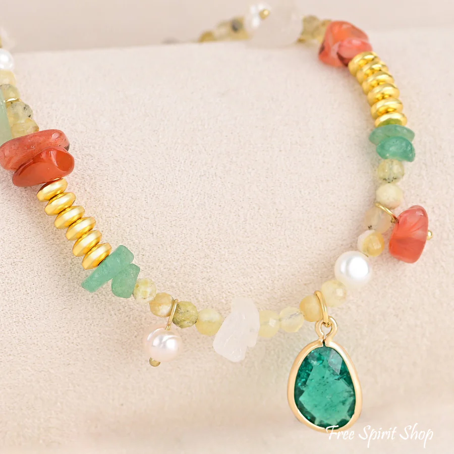 Natural Green Aventurine Unakite & Carnelian Bead Anklet - Image 3