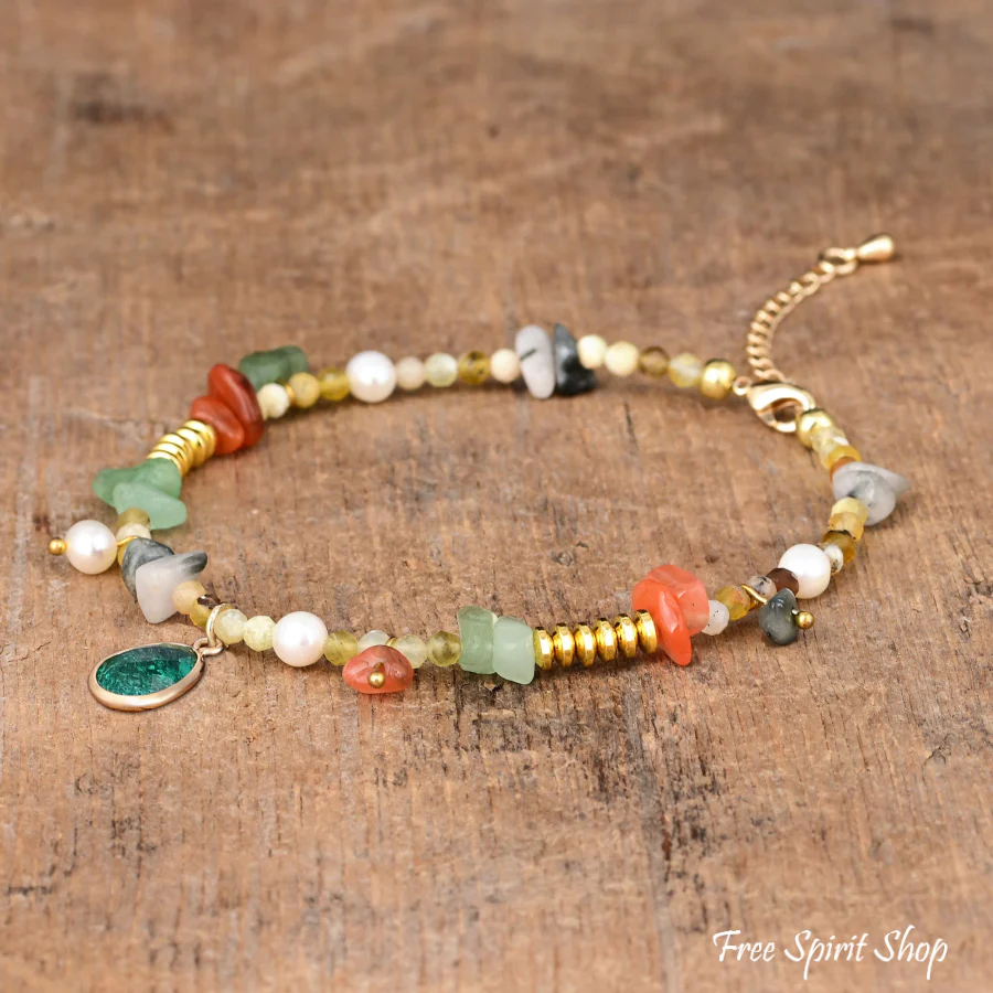Natural Green Aventurine Unakite & Carnelian Bead Anklet - Image 4