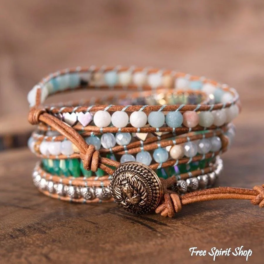 Natural Green Jade & Amazonite Bead Wrap Bracelet - Image 3
