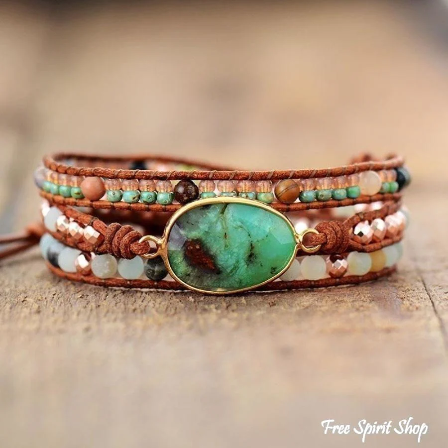 Natural Green Jade & Amazonite Wrap Bracelet - Image 3