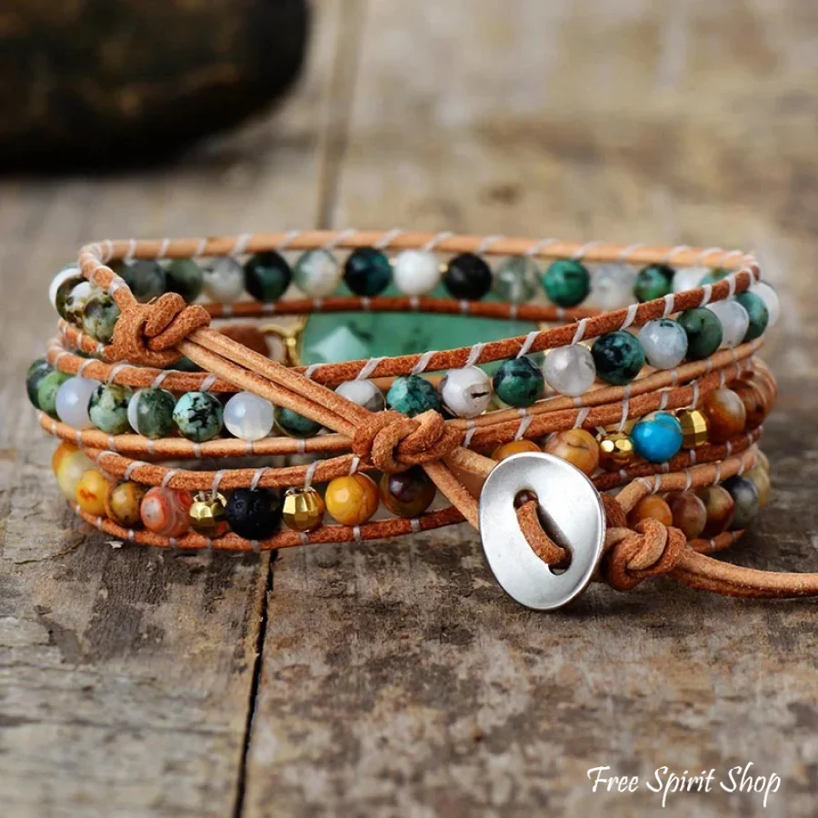 Natural Green Jade Jasper and Moss Agate Wrap Bracelet - Image 3