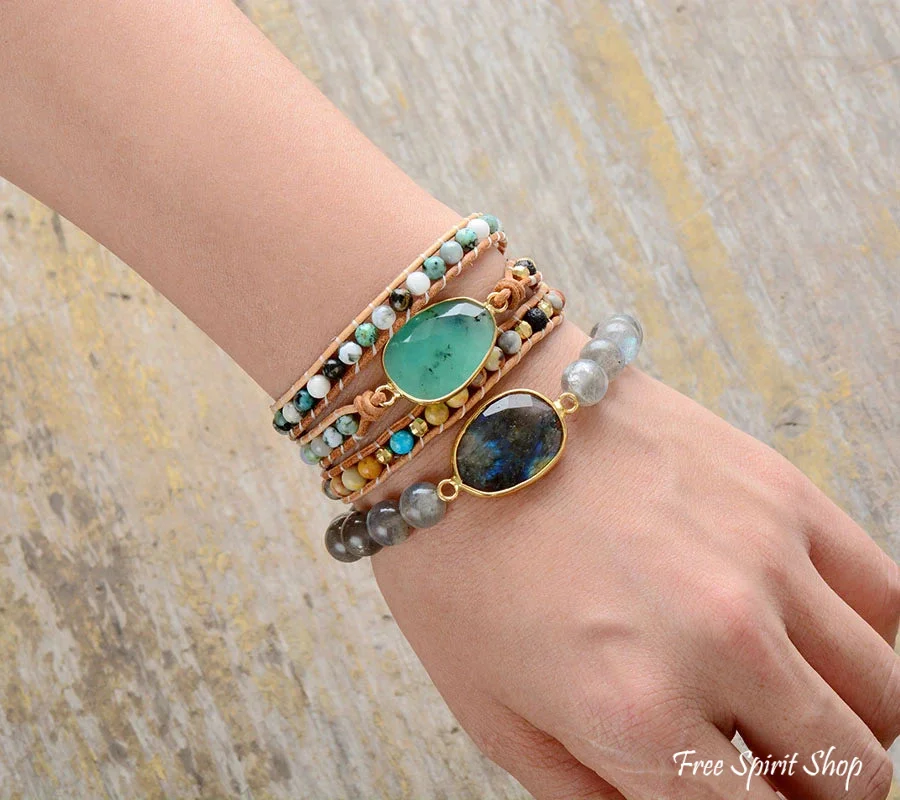 Natural Green Jade Jasper and Moss Agate Wrap Bracelet - Image 4
