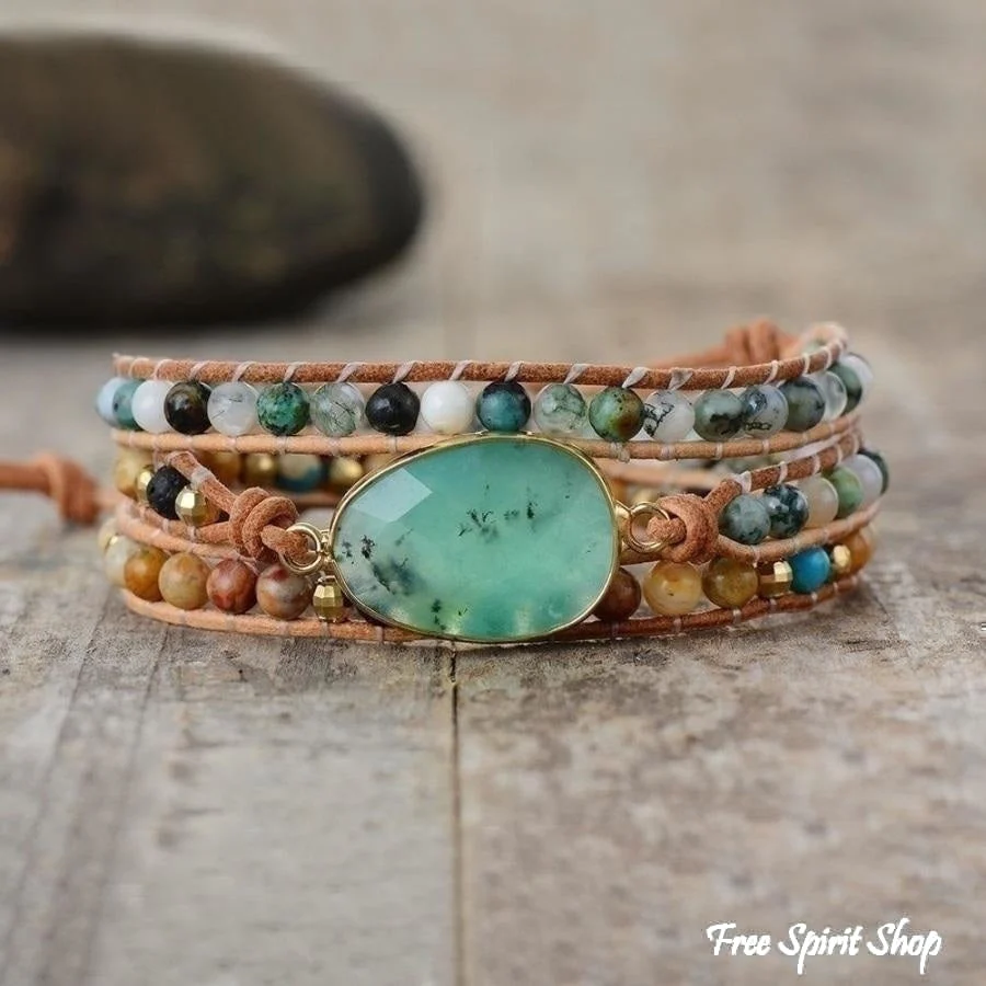 Natural Green Jade Jasper and Moss Agate Wrap Bracelet - Image 6