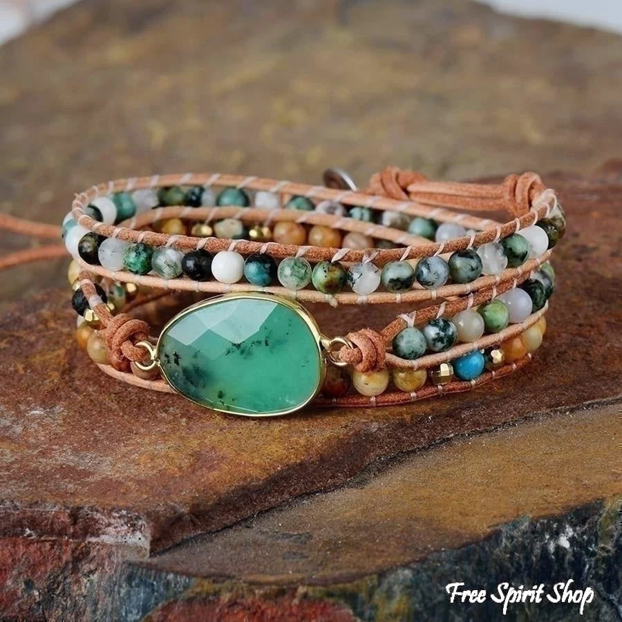 Natural Green Jade Jasper and Moss Agate Wrap Bracelet - Image 7