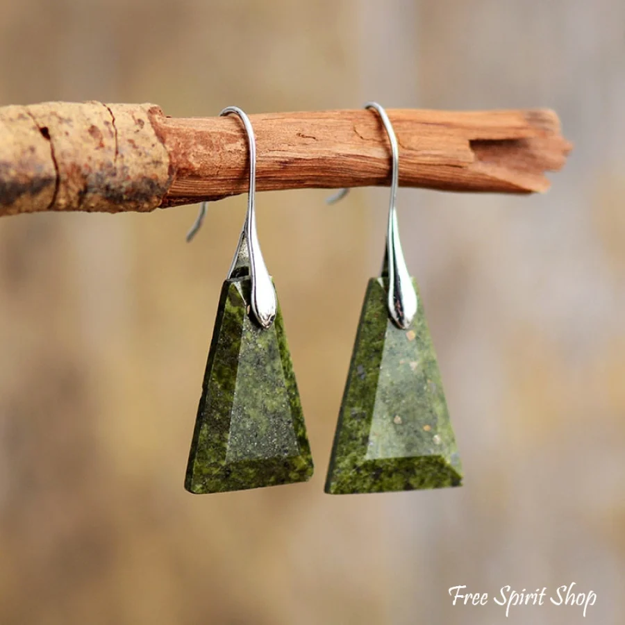 Natural Green Jasper Pyramid Earrings - Image 3