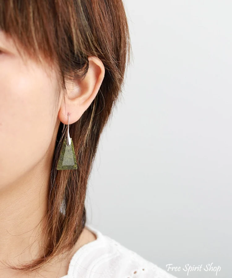 Natural Green Jasper Pyramid Earrings - Image 4