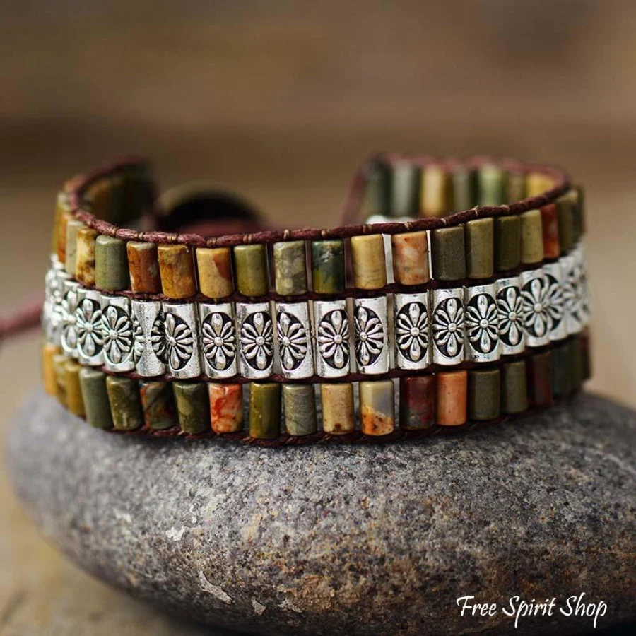 Natural Green Jasper & Tibetan Bead Wrap Bracelet - Image 2