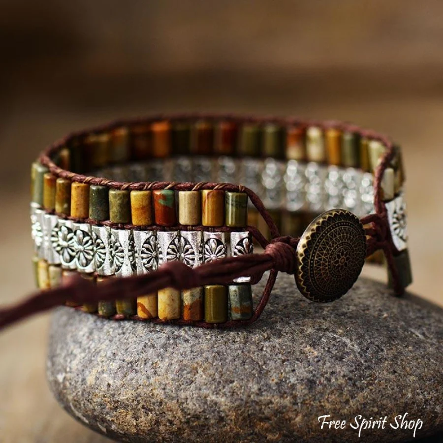 Natural Green Jasper & Tibetan Bead Wrap Bracelet - Image 3