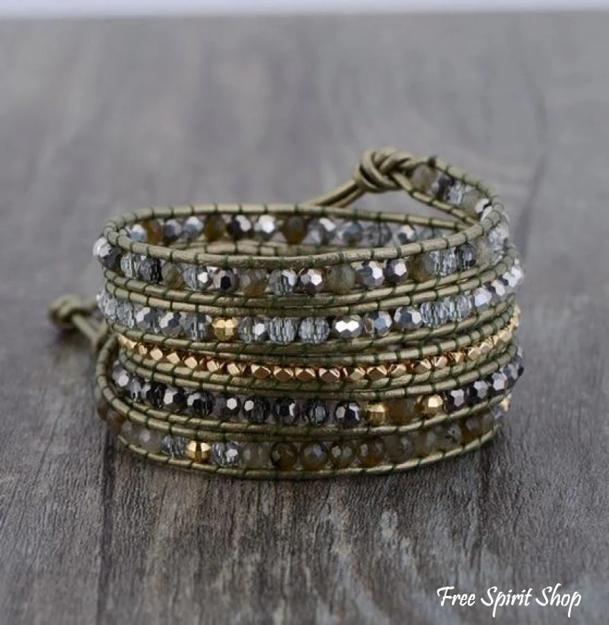 Natural Green Labradorite & Bronze Leather Wrap Bracelet - Image 2