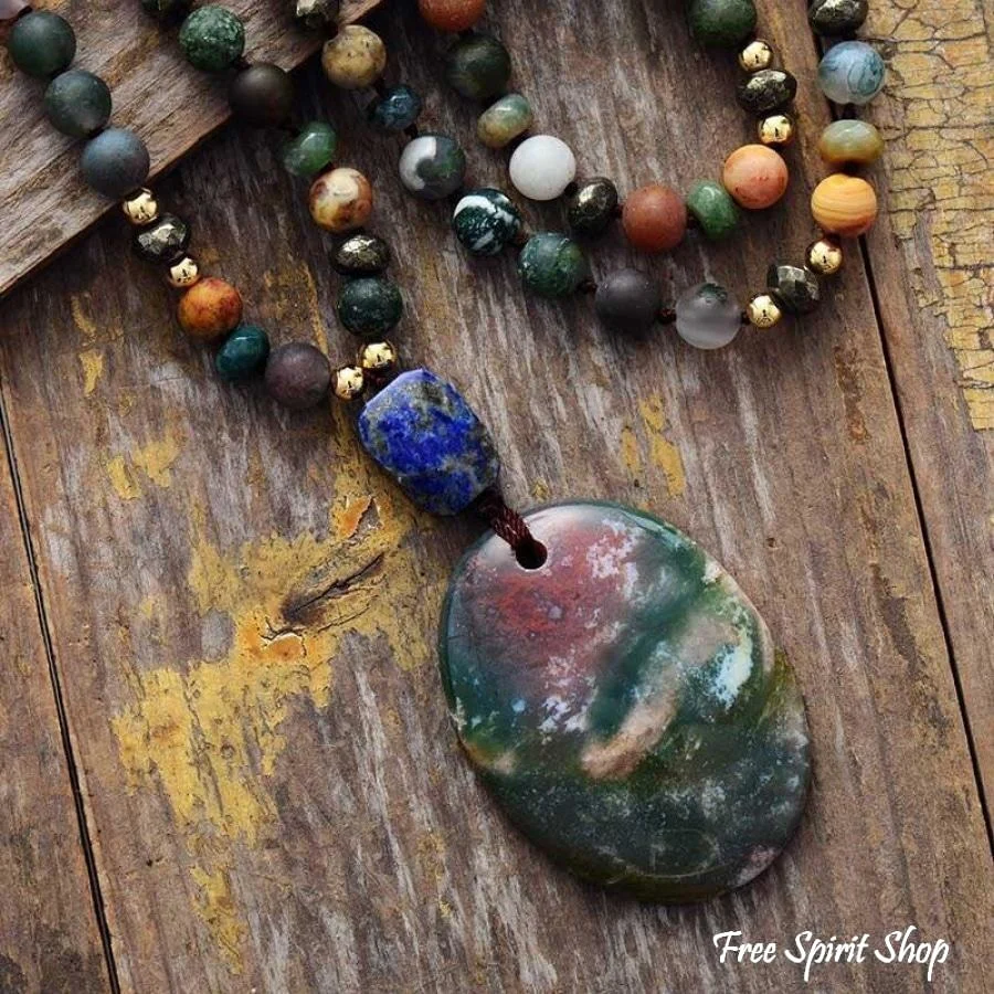 Natural Green Onyx Indian Agate & Lapis Lazuli Beaded Necklace