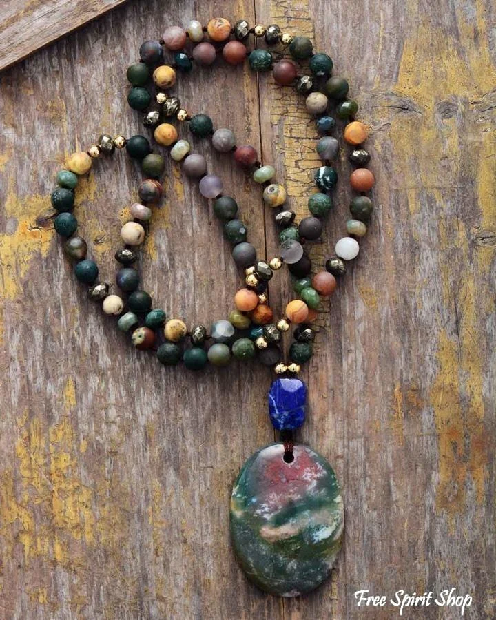 Natural Green Onyx Indian Agate & Lapis Lazuli Beaded Necklace - Image 2