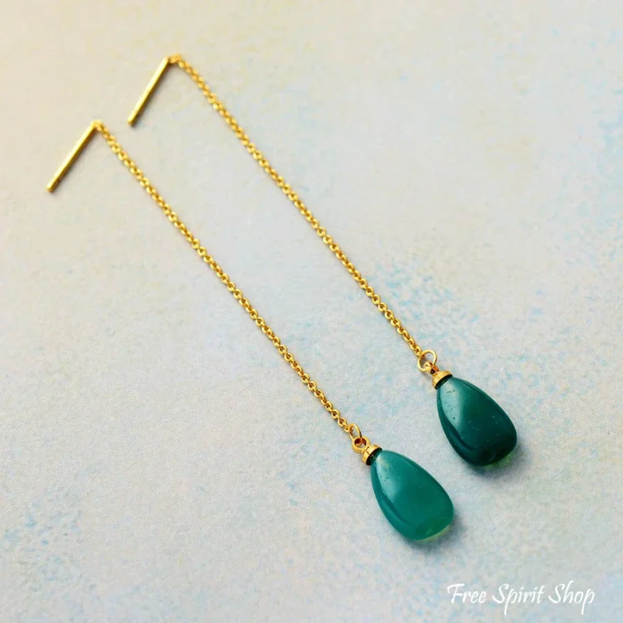 Natural Green Onyx Long Drop Earrings - Image 3