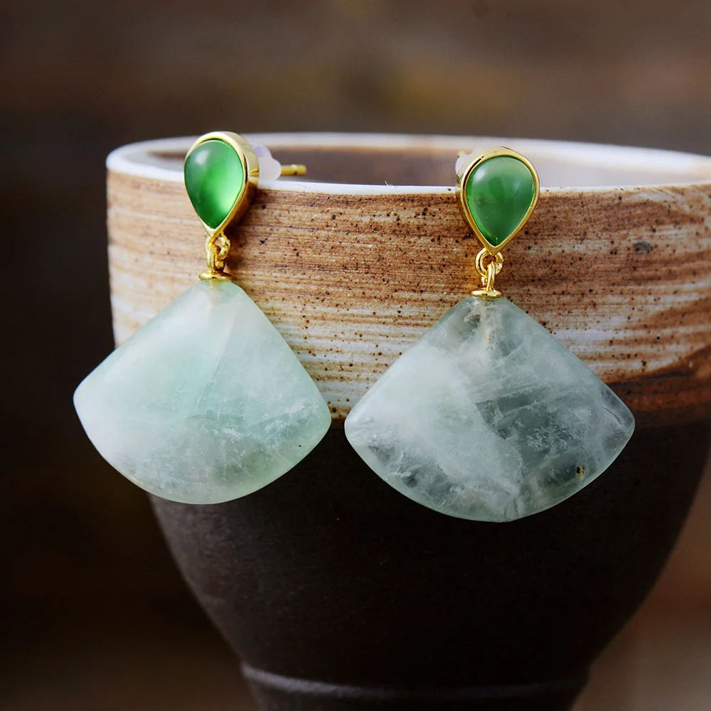 Natural Green Quartz Crystal Geometric Earrings - Image 2