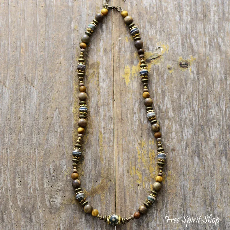 Natural Green Sandalwood & Onyx Choker Necklace For Men - Image 3