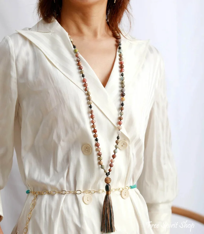 Natural Handmade Jasper Agate & Pyrite Bead Necklace With Tassel - Image 3