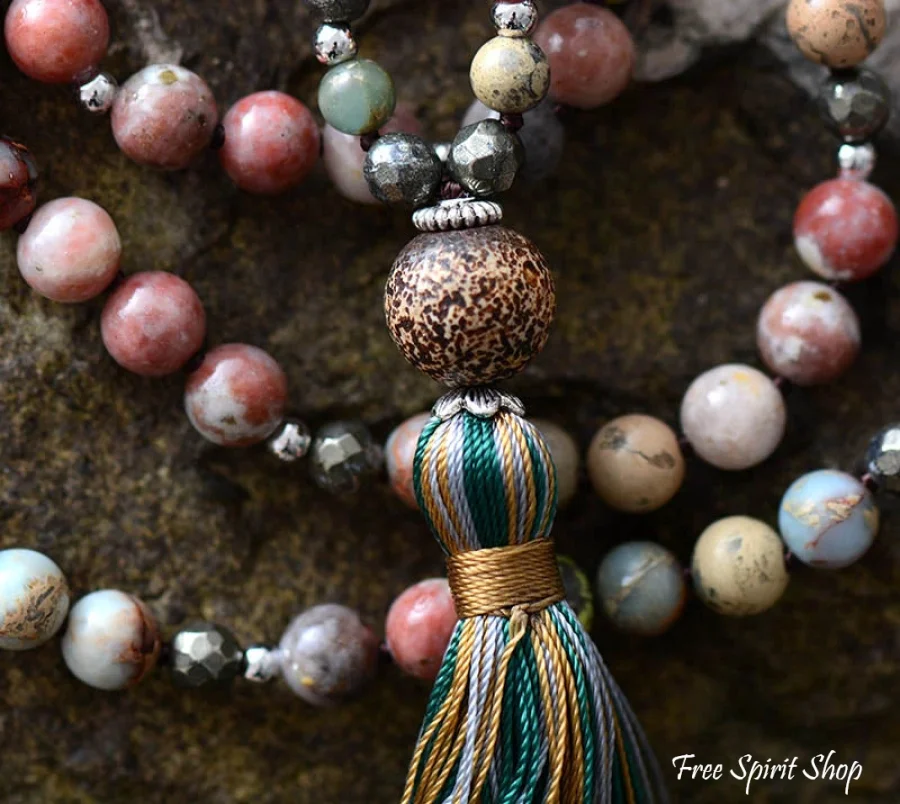 Natural Handmade Jasper Agate & Pyrite Bead Necklace With Tassel - Image 4