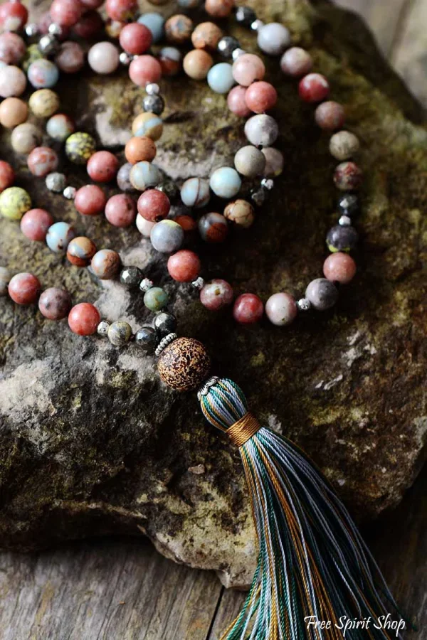 Natural Handmade Jasper Agate & Pyrite Bead Necklace With Tassel - Image 5