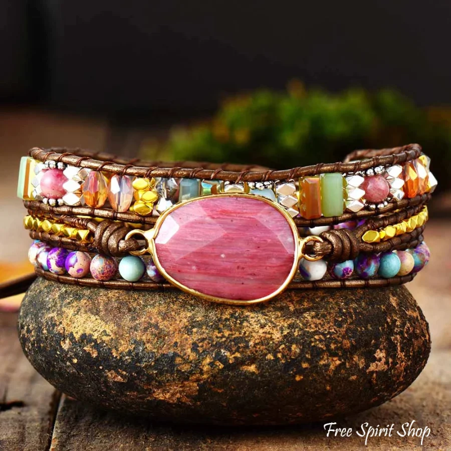 Natural Rhodonite & Jasper Wrap Bracelet - Image 3