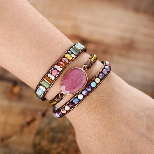 Natural Rhodonite & Jasper Wrap Bracelet - Image 5