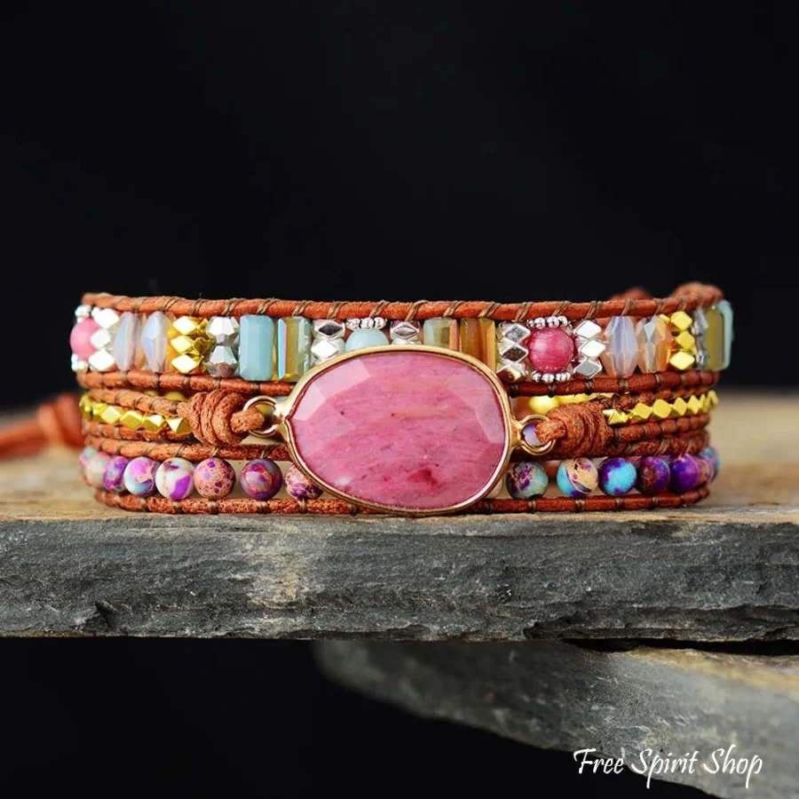 Natural Rhodonite & Jasper Wrap Bracelet - Image 7