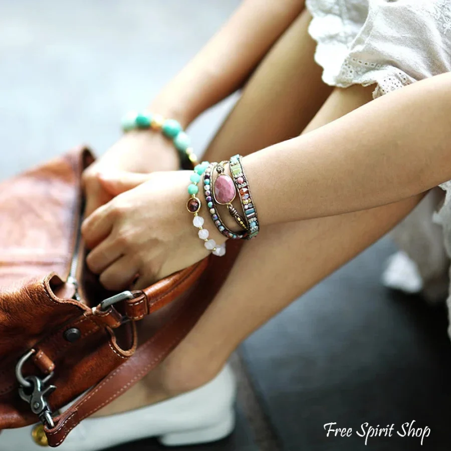 Natural Rhodonite & Jasper Wrap Bracelet - Image 8