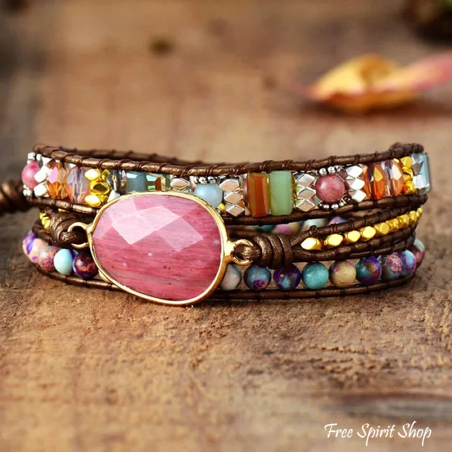 Natural Rhodonite & Jasper Wrap Bracelet - Image 9