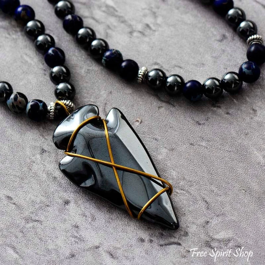 Natural Hematite & Blue Jasper Beaded Necklace With Arrowhead Pendant - Image 2