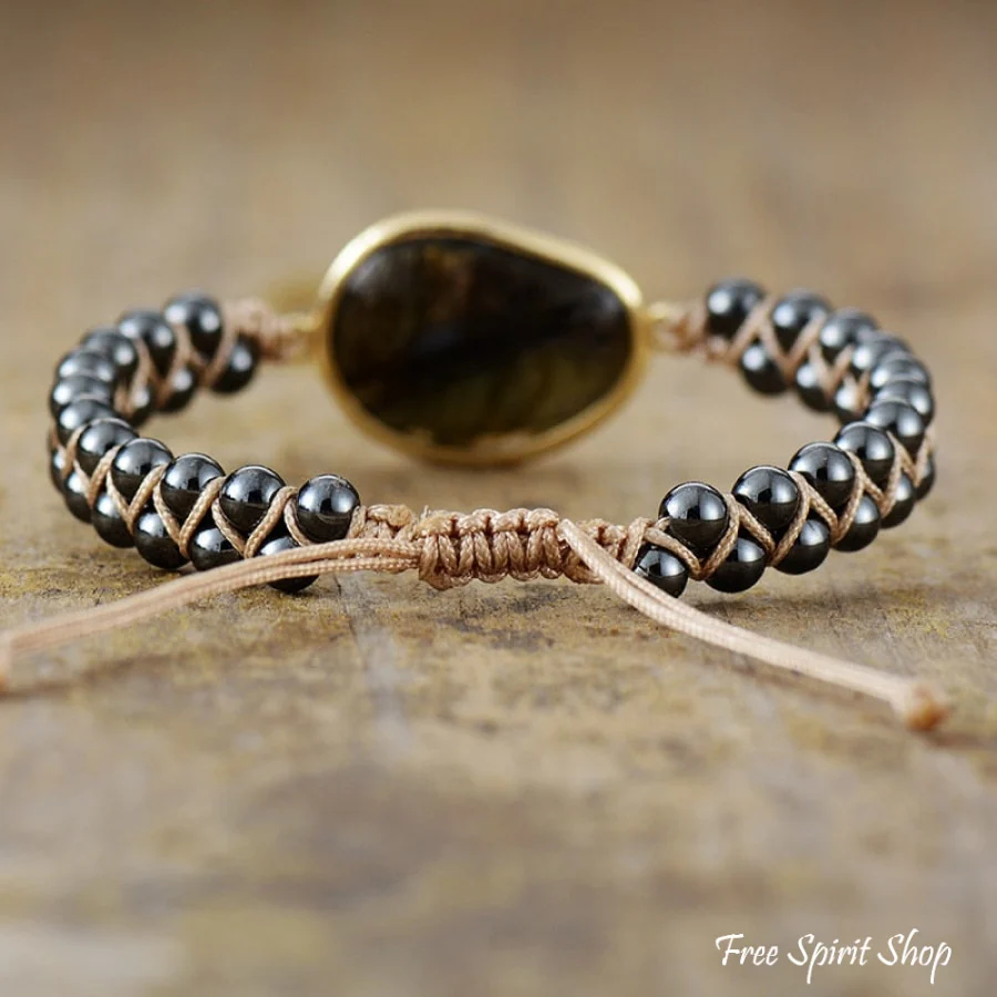 Natural Hematite & Labradorite Braided Bead Bracelet - Image 3