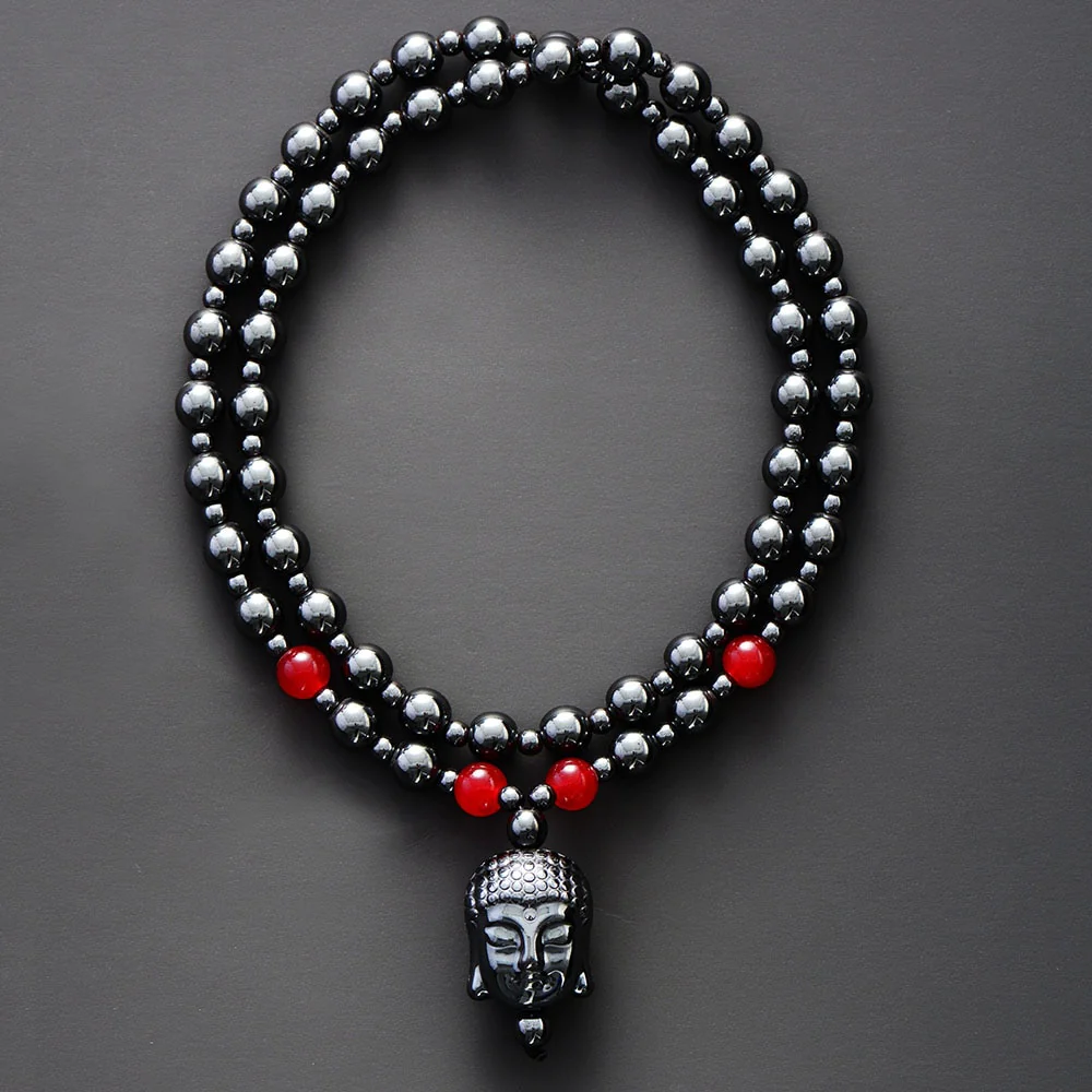 Natural Hematite Stone & Buddha Pendant Necklace - Image 2