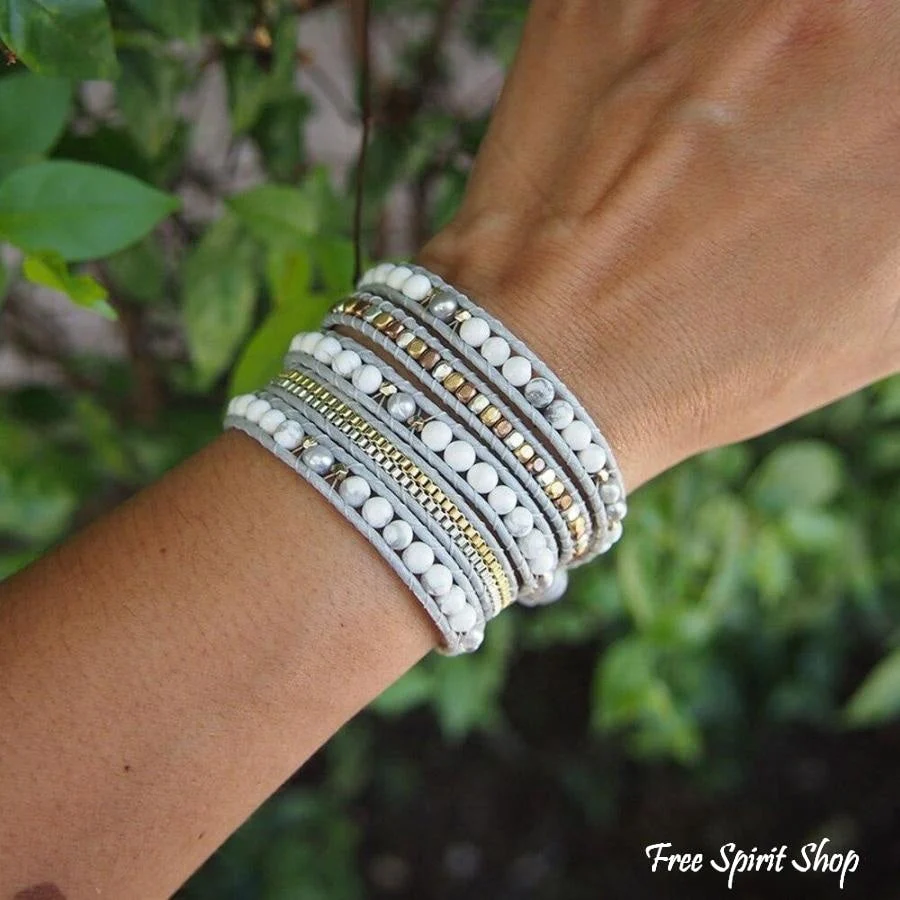 Natural White Howlite & Grey Pearl Wrap Bracelet - Image 2