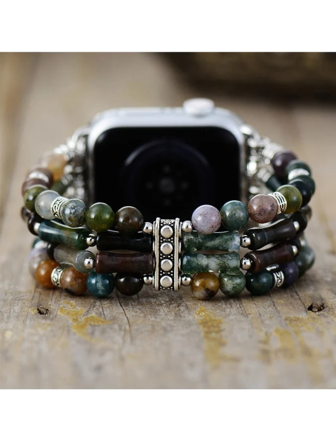 Natural Indian Agate Elastic Beaded Apple Watch Band - Image 4