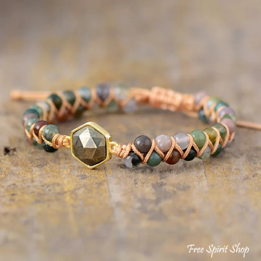 Natural Indian Agate & Pyrite Stone Beaded Bracelet - Image 4