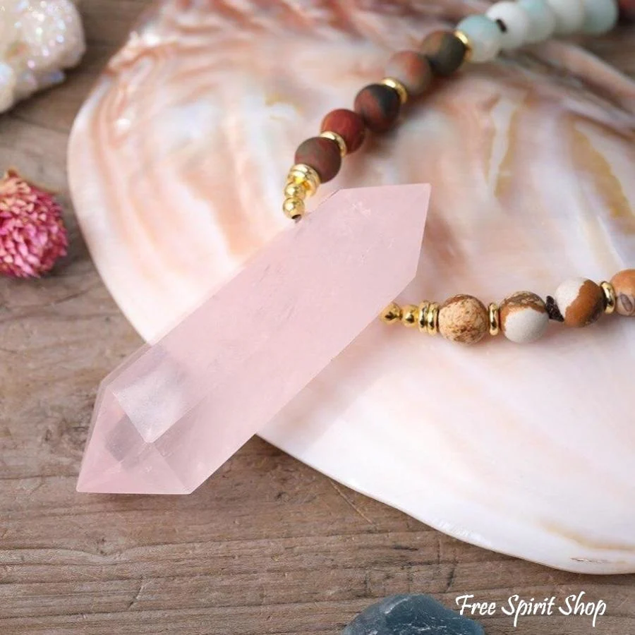 Natural Jasper Amazonite & Rose Quartz Wand-point Beaded Necklace - Image 3