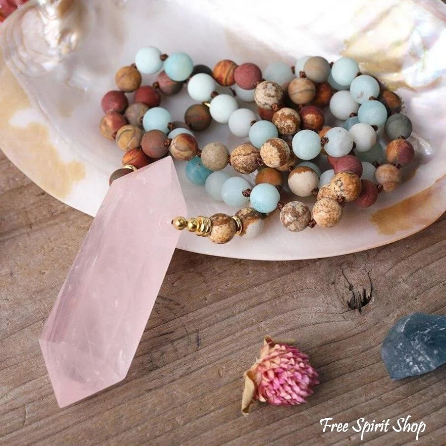 Natural Jasper Amazonite & Rose Quartz Wand-point Beaded Necklace - Image 4